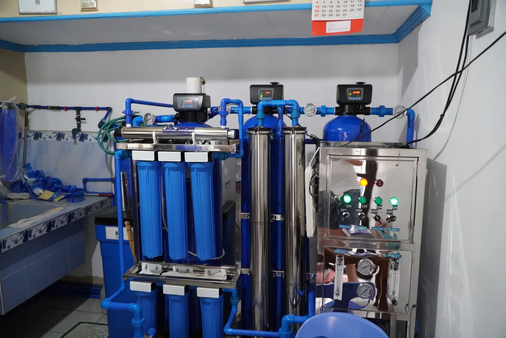Commercial water-treatment equipment in an operating mechanical room