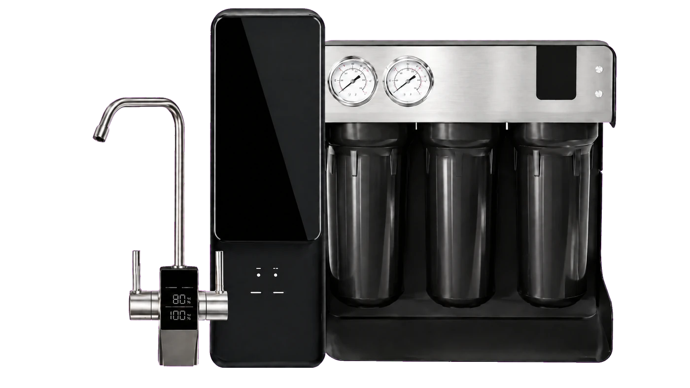 Tank-style reverse-osmosis system with filters, dedicated faucet, and storage tank