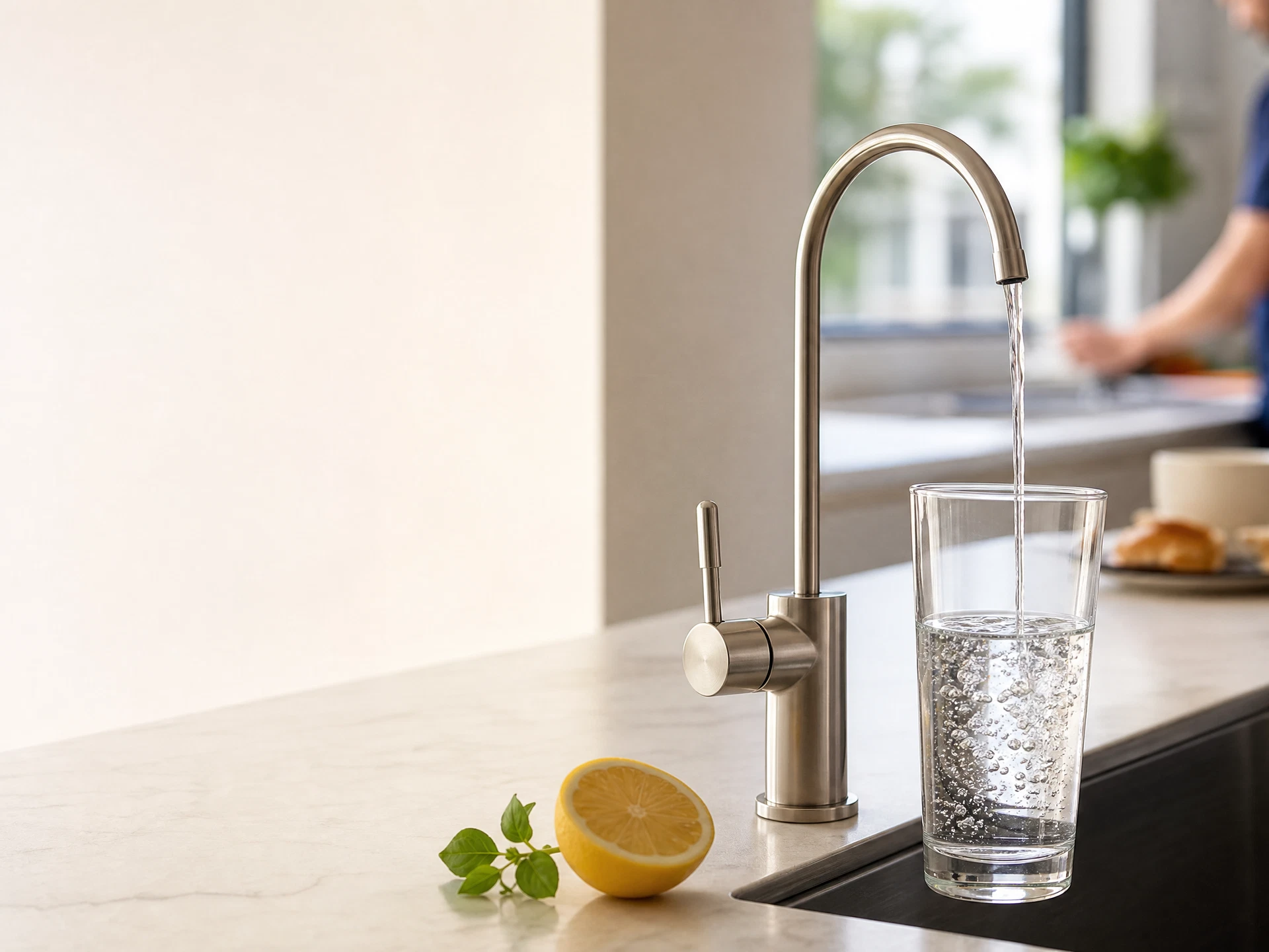 Reverse-osmosis faucet filling a clear drinking glass